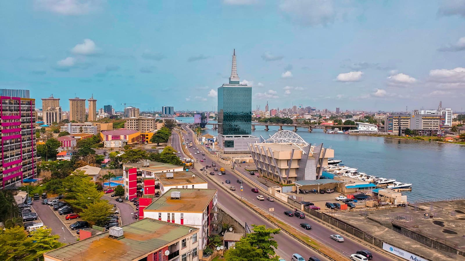 Aerial view of Lekki, Lagos, with homes, offices and the lagoon