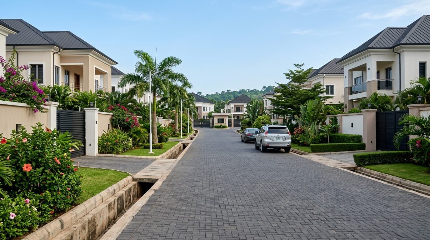Upscale residential gated estate street in Enugu with contemporary duplexes and paved street