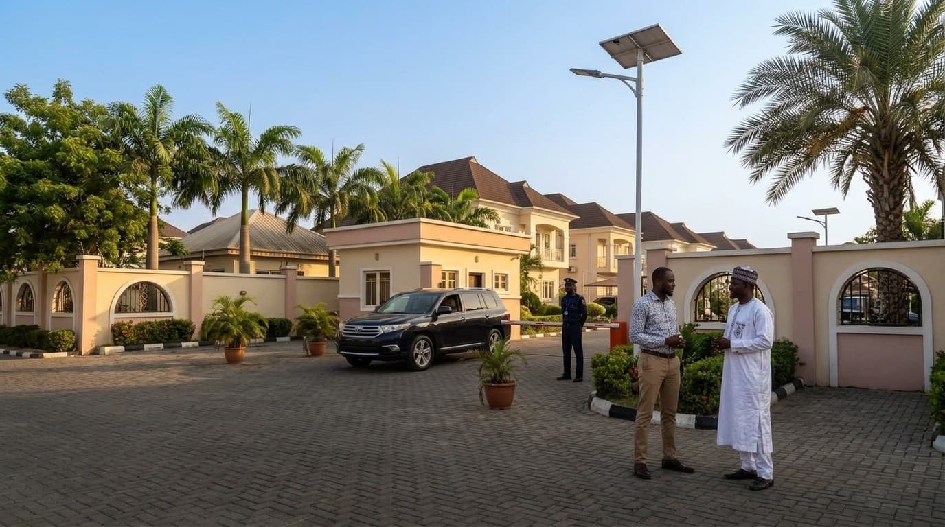 Upscale residential gated neighborhood in Nassarawa GRA Kano with arched compound walls and residents