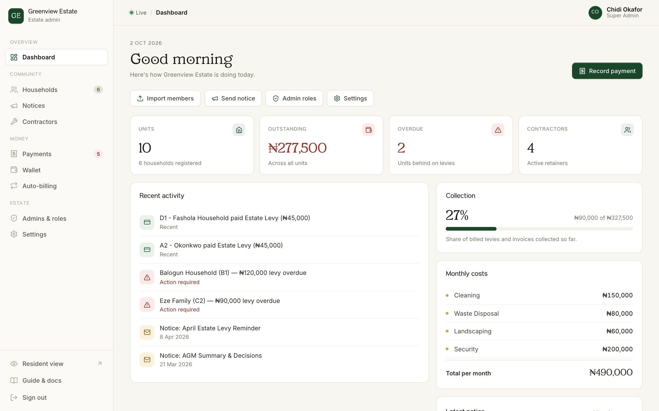 Tracking maintenance spending and income on BreeUp dashboard