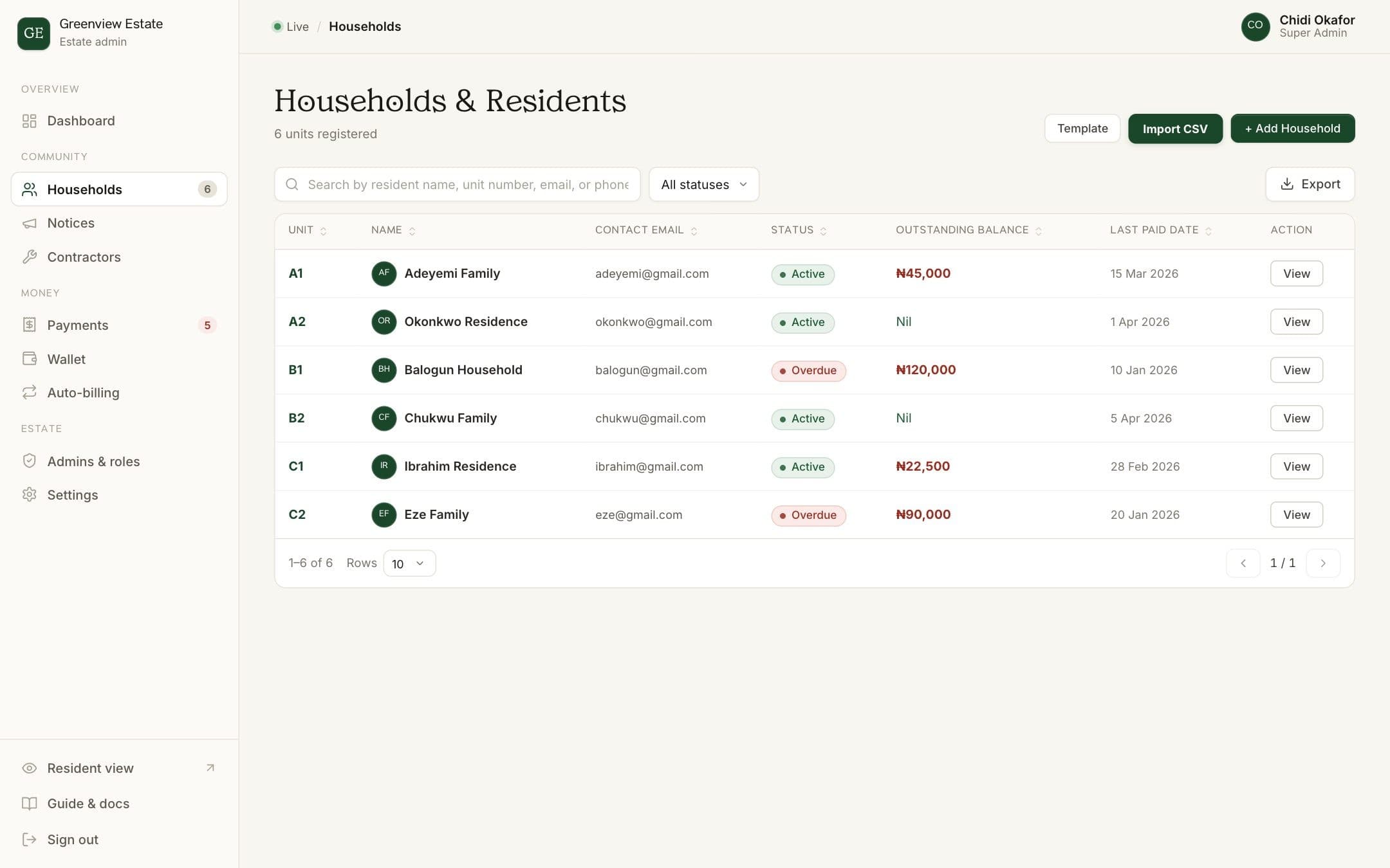 The Households & Residents page in the BreeUp admin dashboard