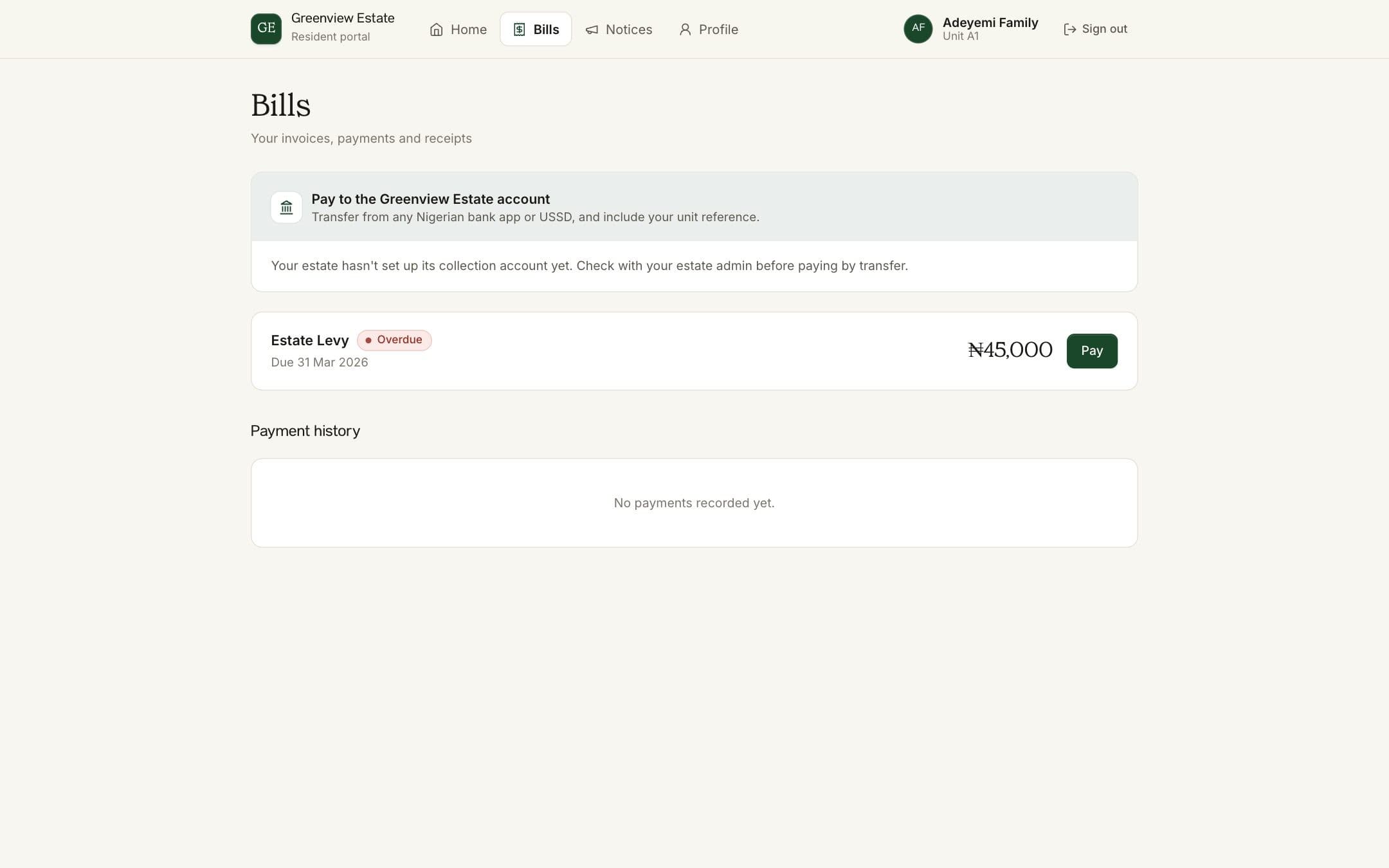 The resident Bills page showing what's due, online payment and the estate's account details for transfers