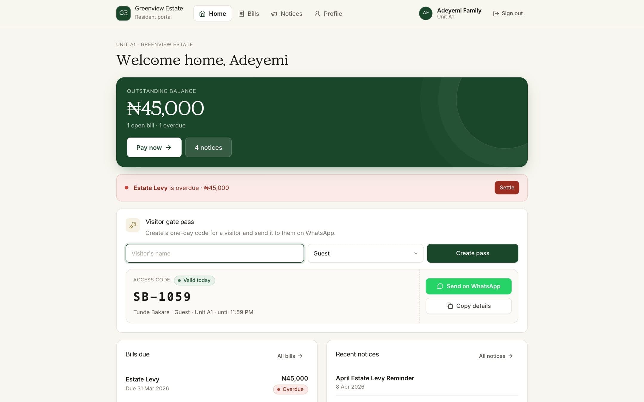 A resident's portal showing a newly created visitor pass with a Send on WhatsApp button