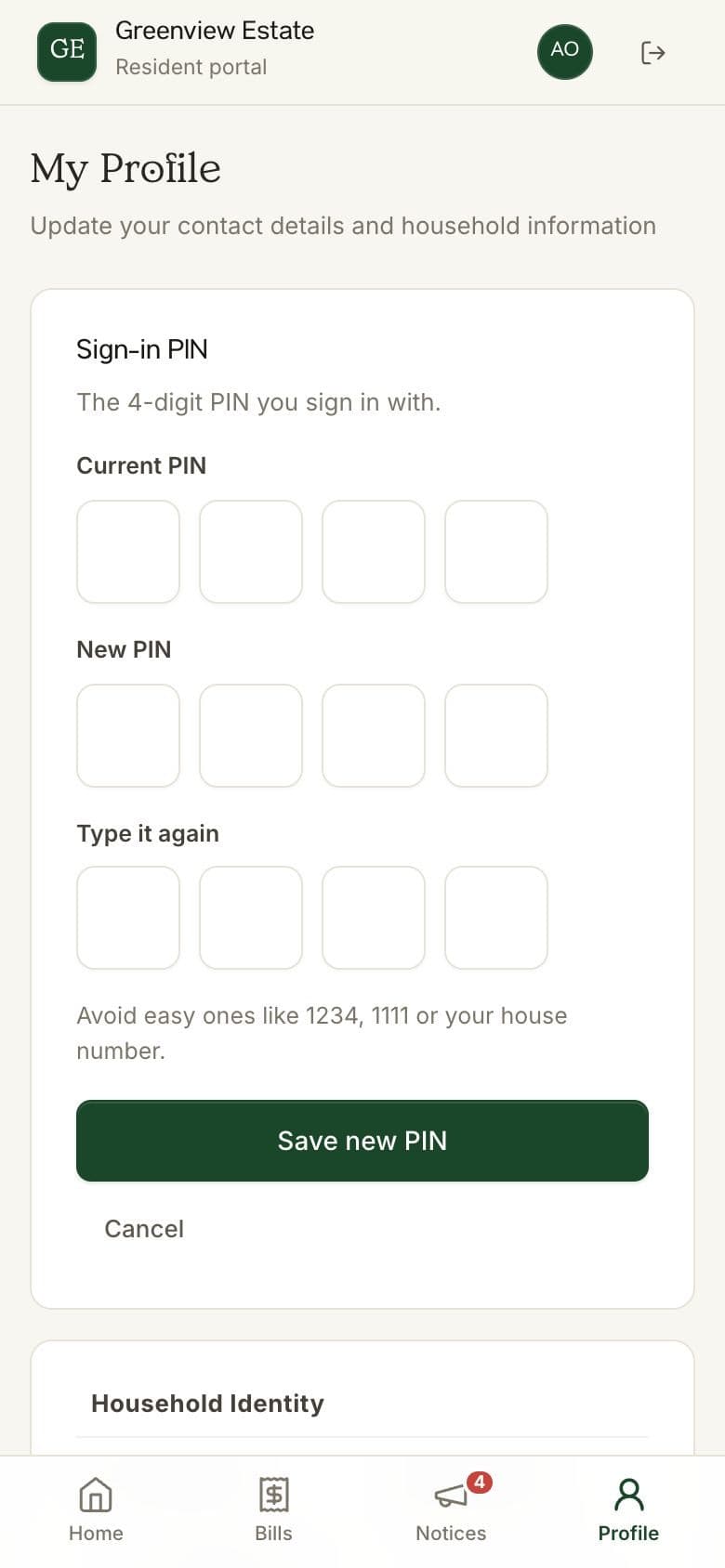 Changing your PIN from the Profile page