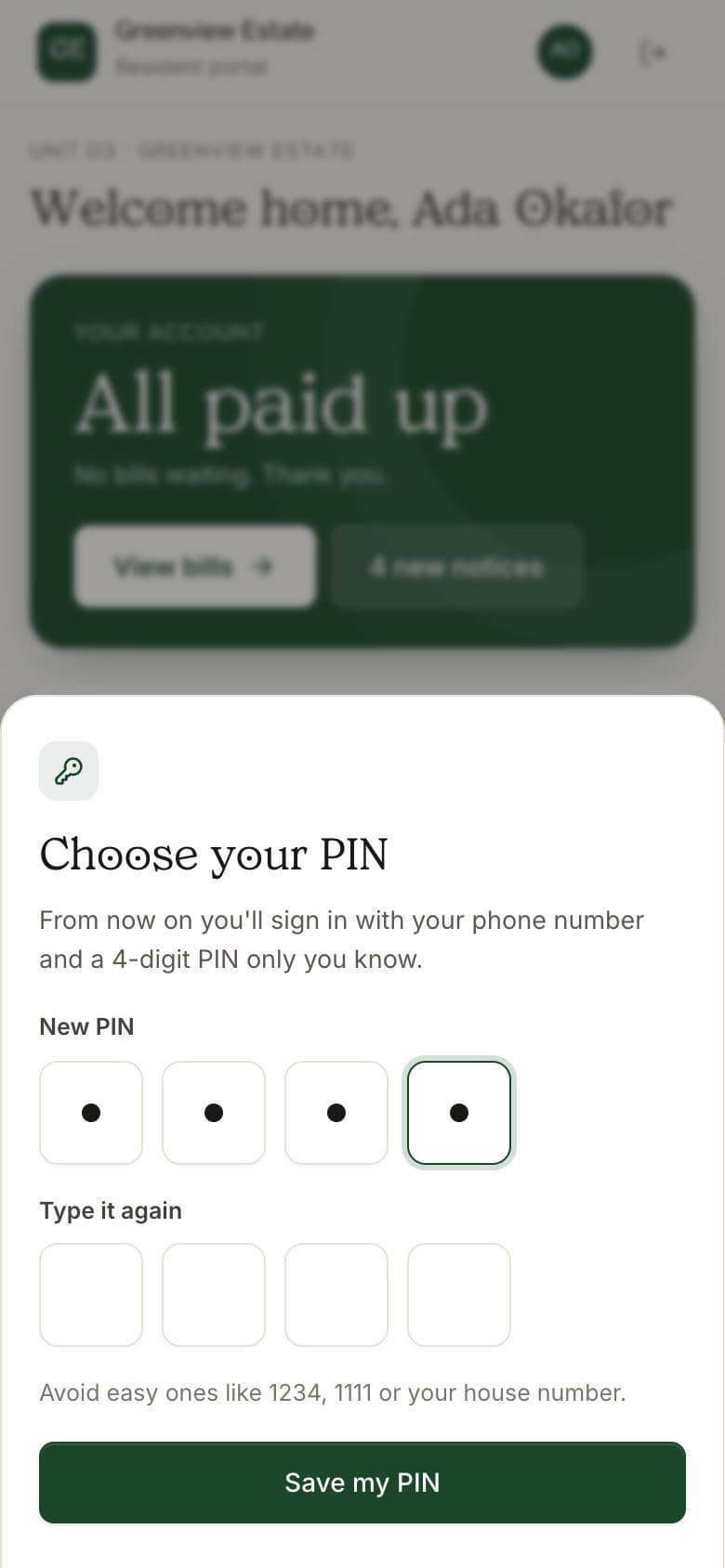 Choosing a new 4-digit PIN after the first sign-in