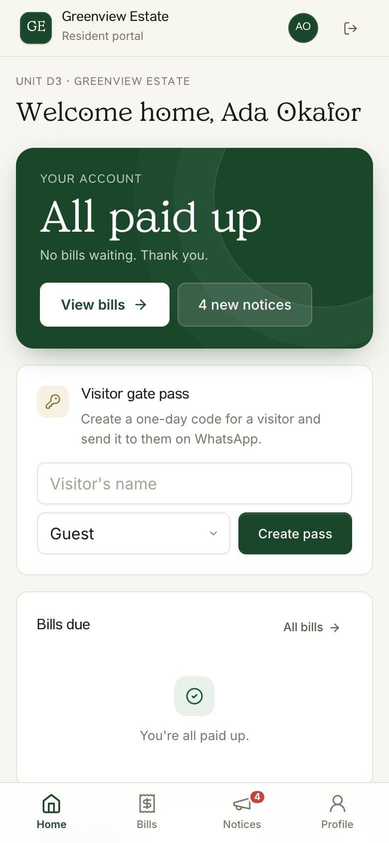 The BreeUp resident portal home screen on a phone