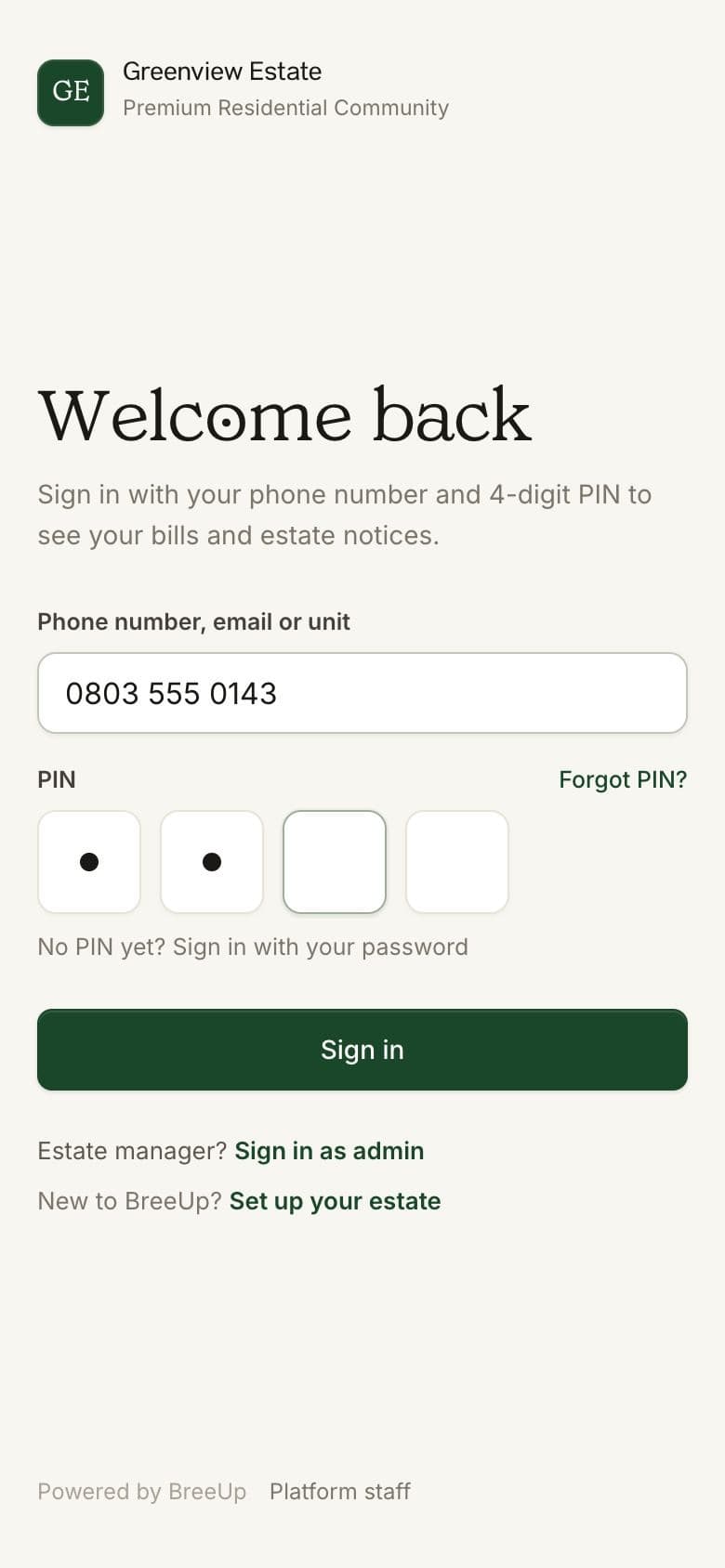 The resident sign-in page in a phone browser, with phone number and PIN