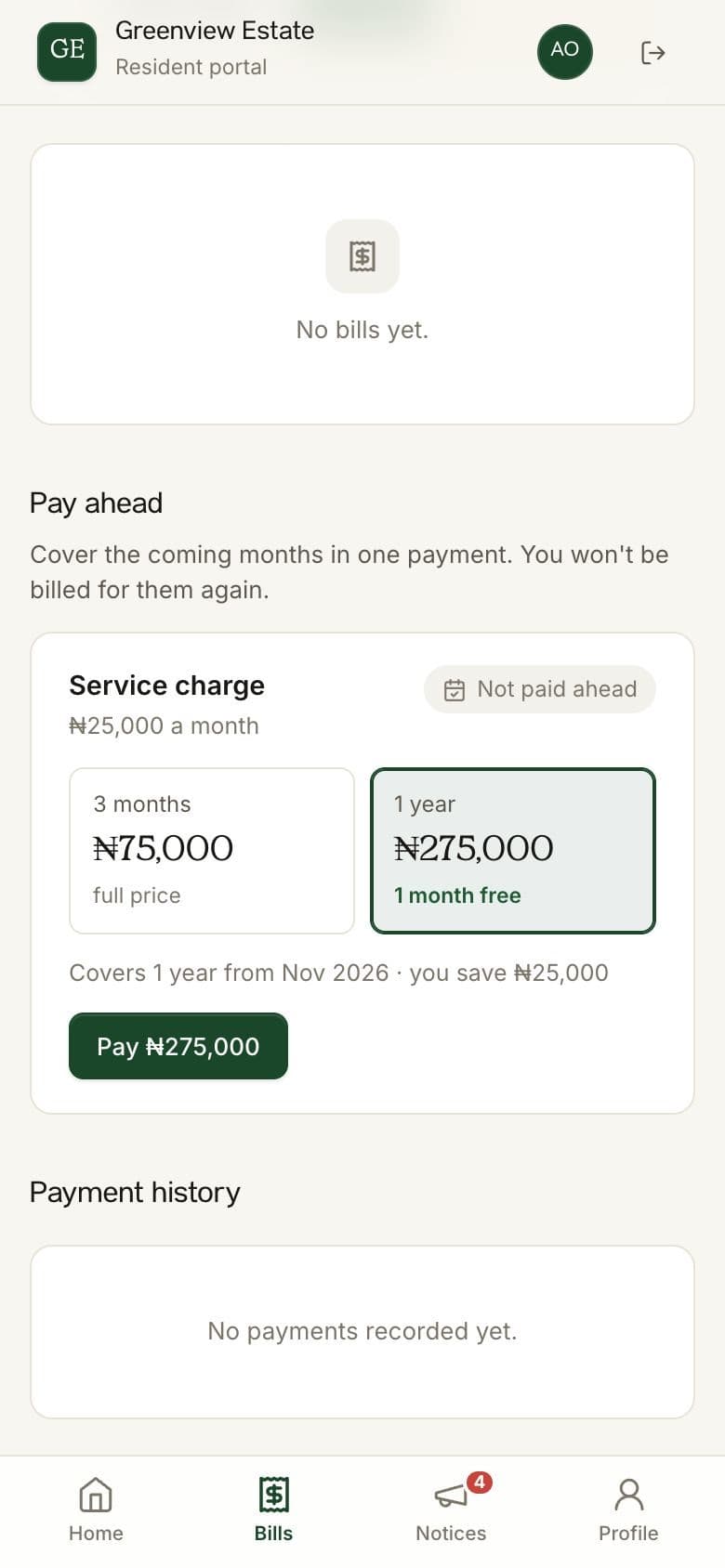 Paying ahead for service charge: 3 months or 1 year with 1 month free