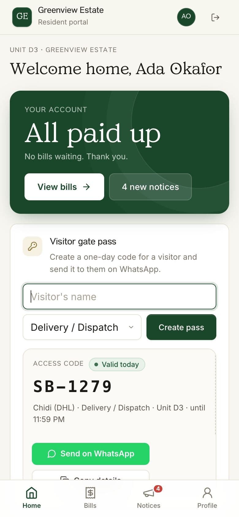 A visitor pass with an access code, ready to send on WhatsApp