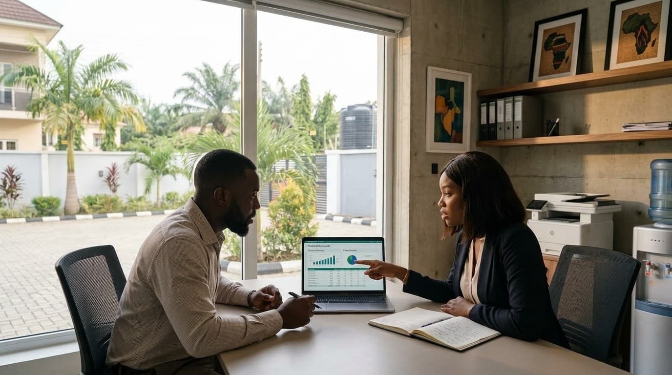 Nigerian facility managers reviewing client accounts and estate dashboards on a laptop