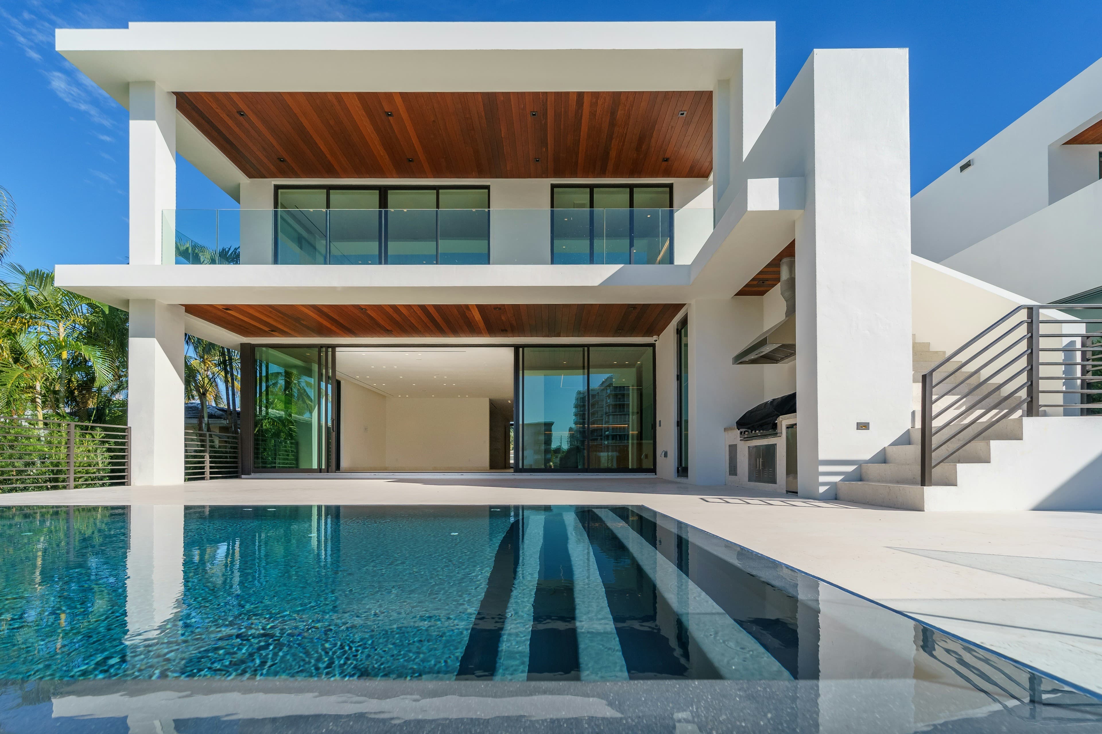 A newly built modern home with a pool