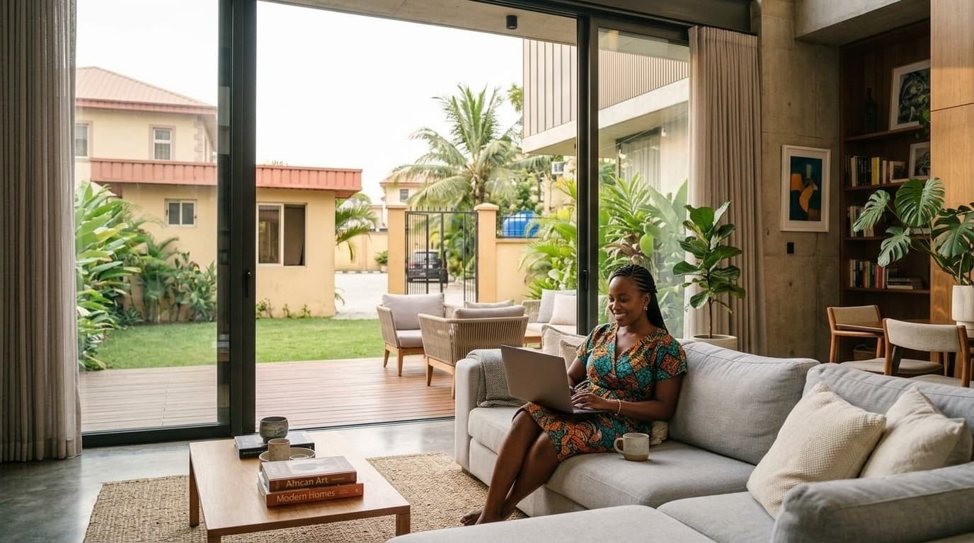 Overseas property owner managing investments on laptop