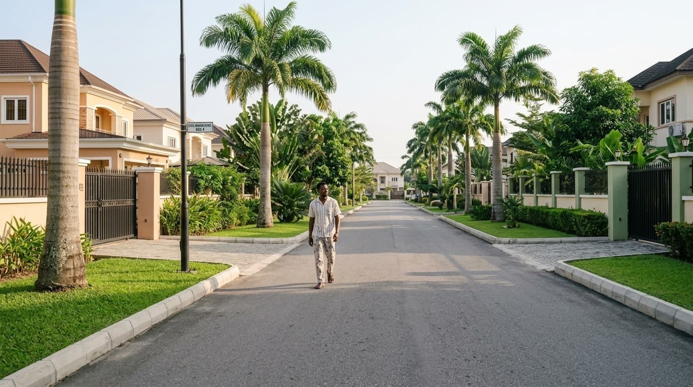 Serene, clean tree-lined residential avenue in State Housing Estate, Calabar