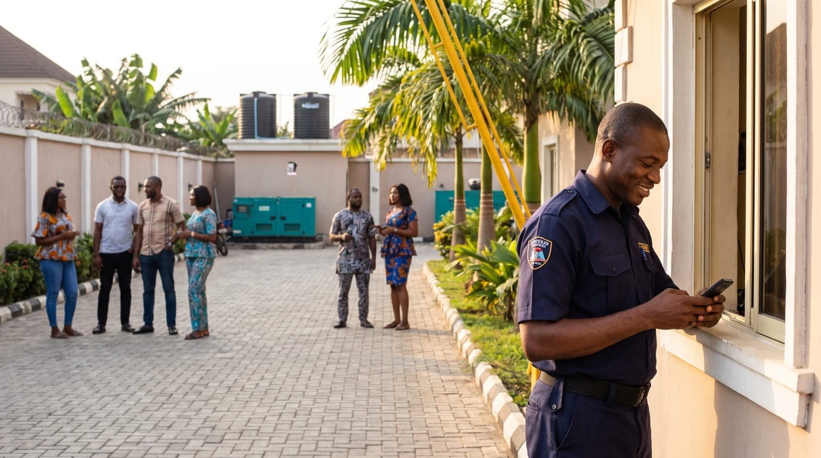 A guard checking visitor passes at an estate gate