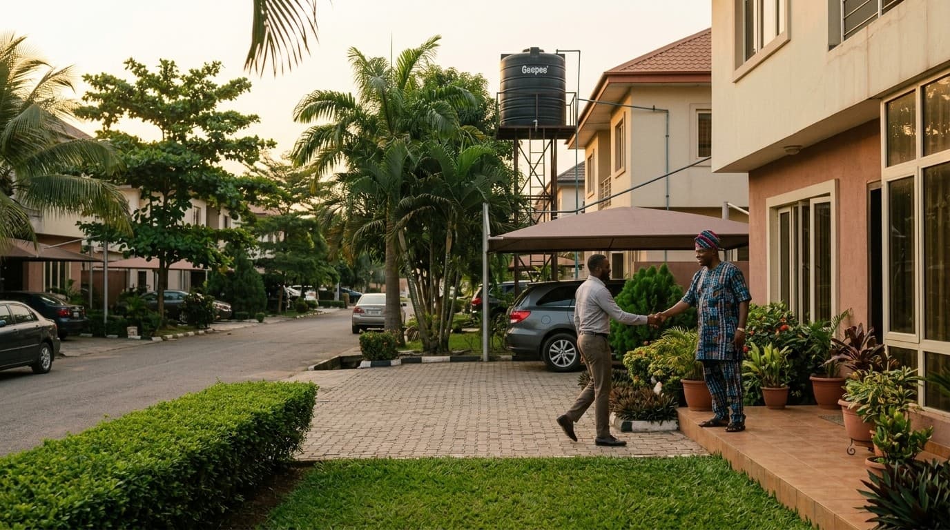 Residential close in Alalubosa GRA Ibadan with Geepee water tower and homeowner greeting neighbor