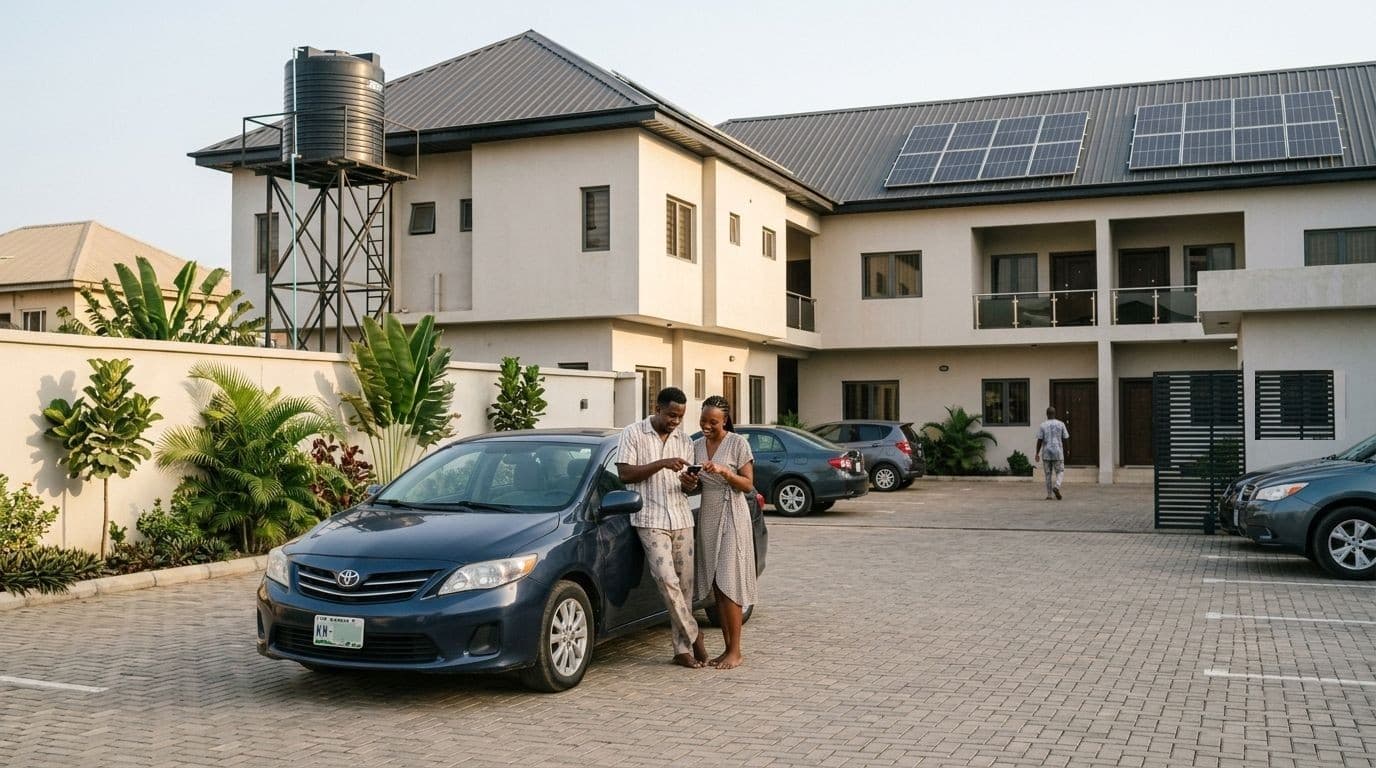 Palm View Residences compound in Ilorin GRA with solar panels and parking
