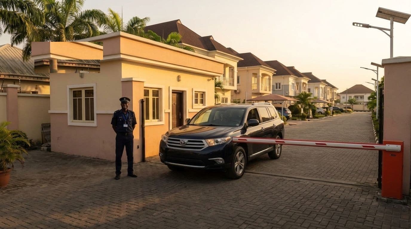 Paved residential avenue in New GRA Port Harcourt with manned gatehouse