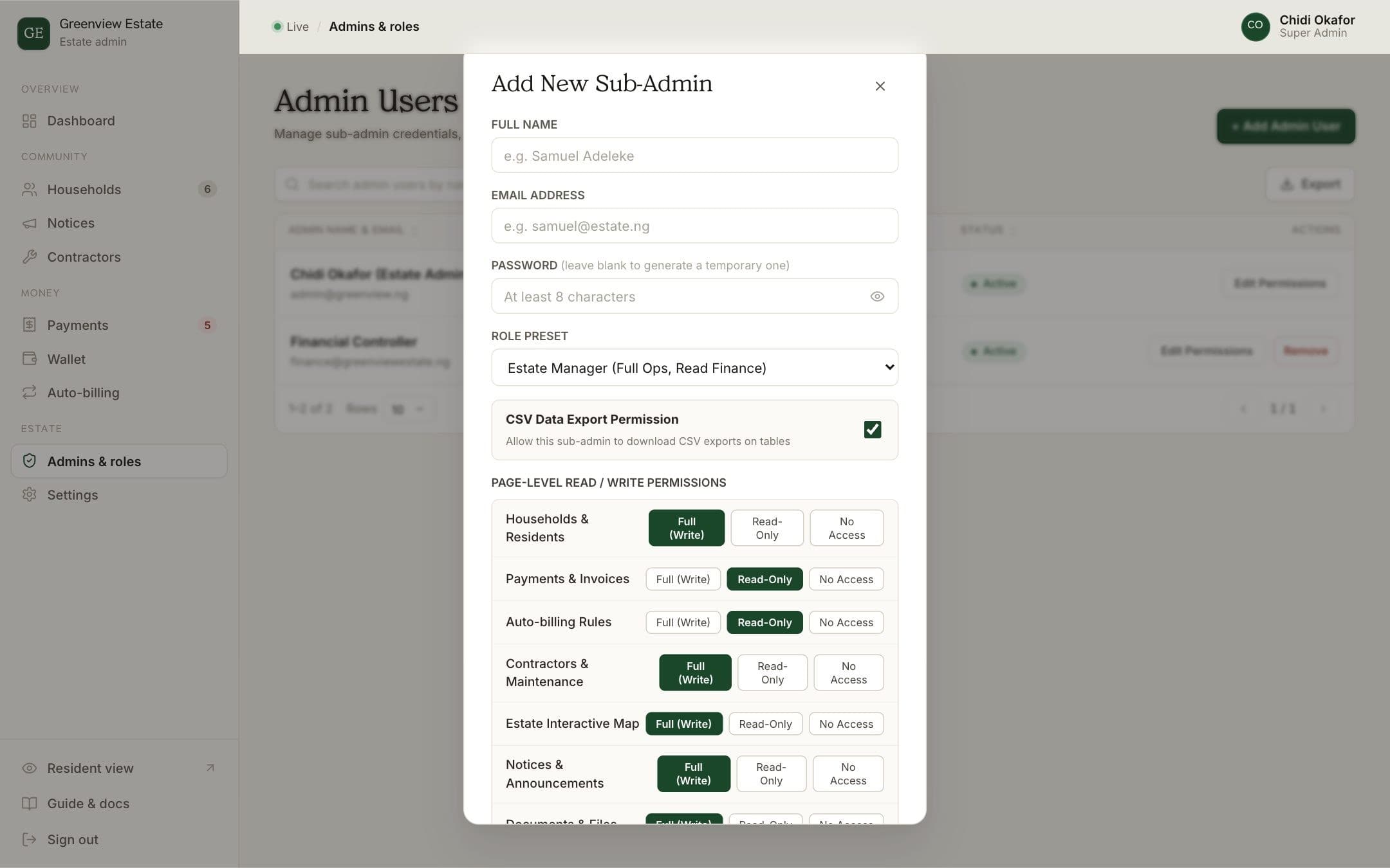 The add admin form with role presets and a per-area permissions matrix