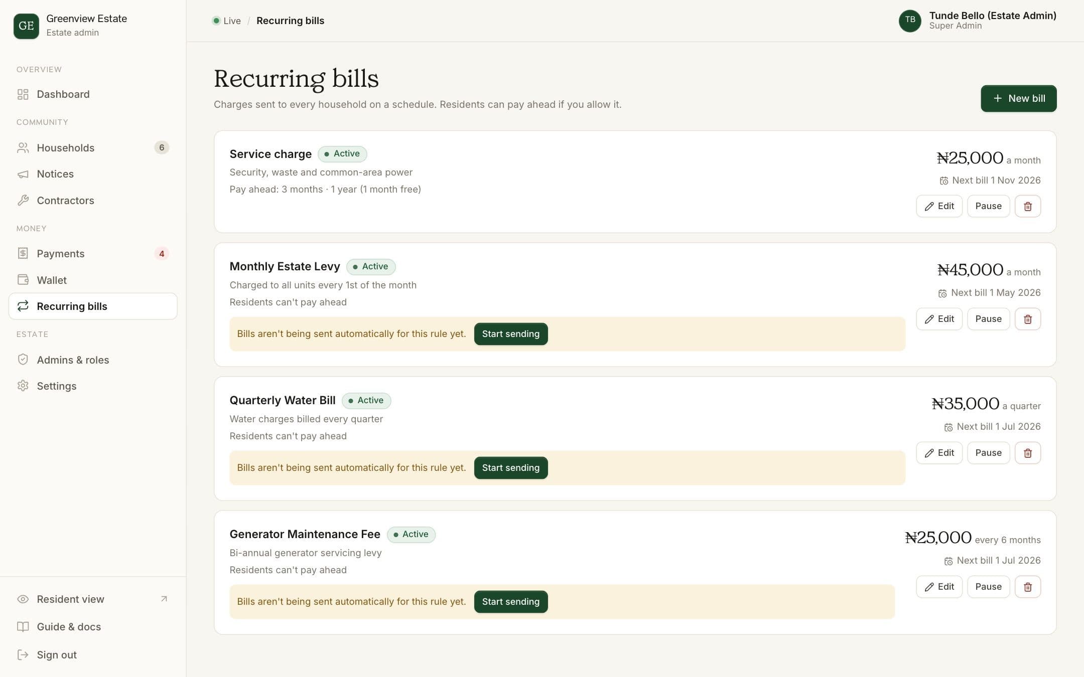 The Recurring bills page listing an estate's service charge and levies