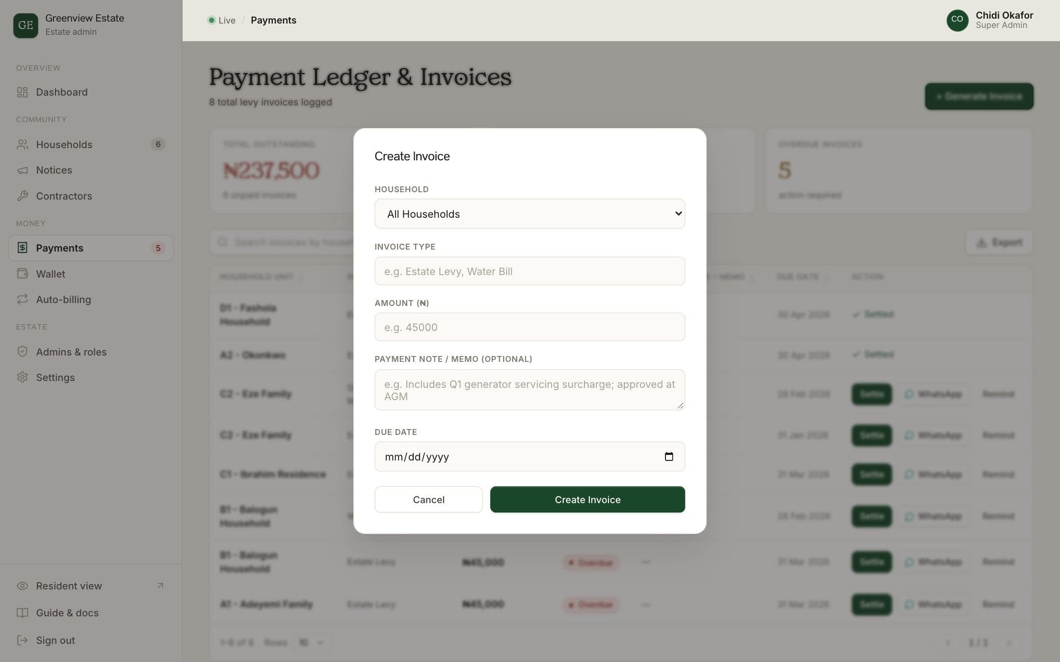 Creating a service charge invoice in BreeUp