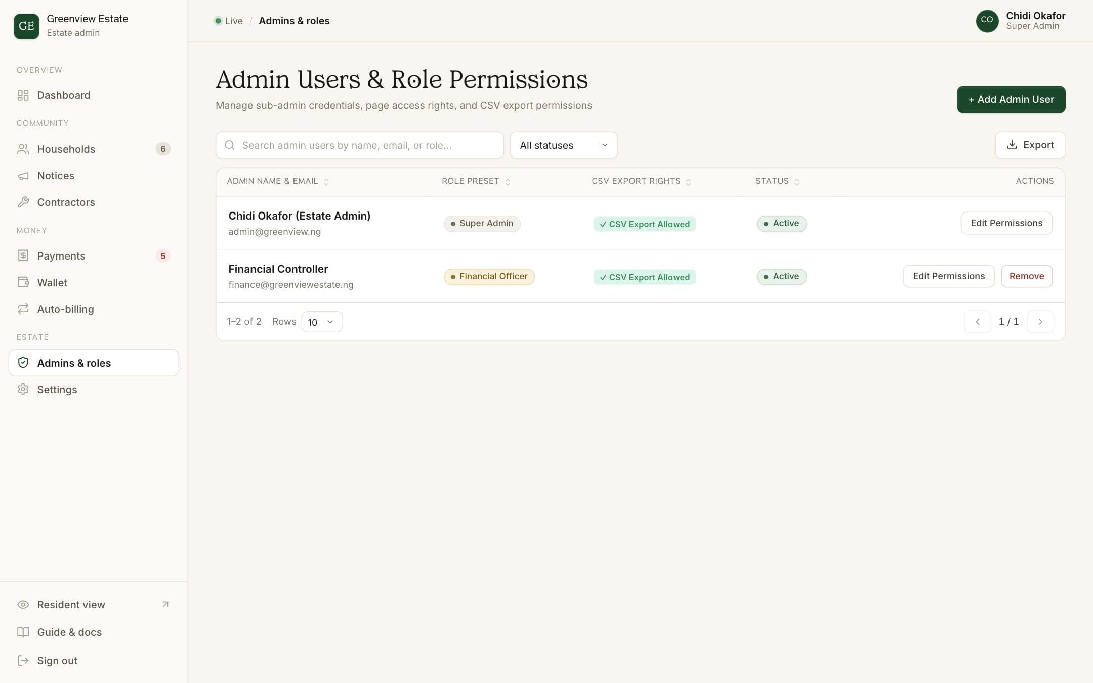 The Admins & roles page in the BreeUp dashboard