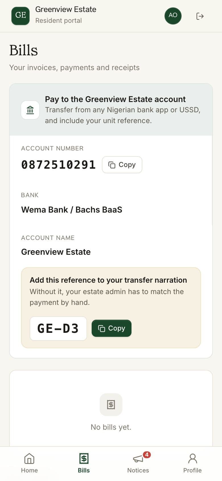 The resident's Bills page on a phone, showing the amount due and a Pay button